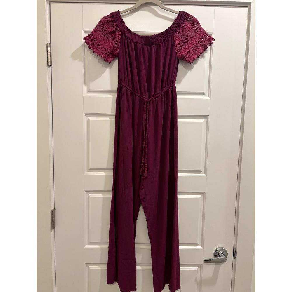 Hint of Blush Women Berry Crochet Lace Off Shoulder Wide Leg Jumpsuit Small